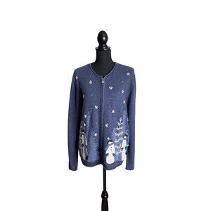 Croft & Barrow Women's Denim Snowman Full Zip Cardigan Sweater XL NWT